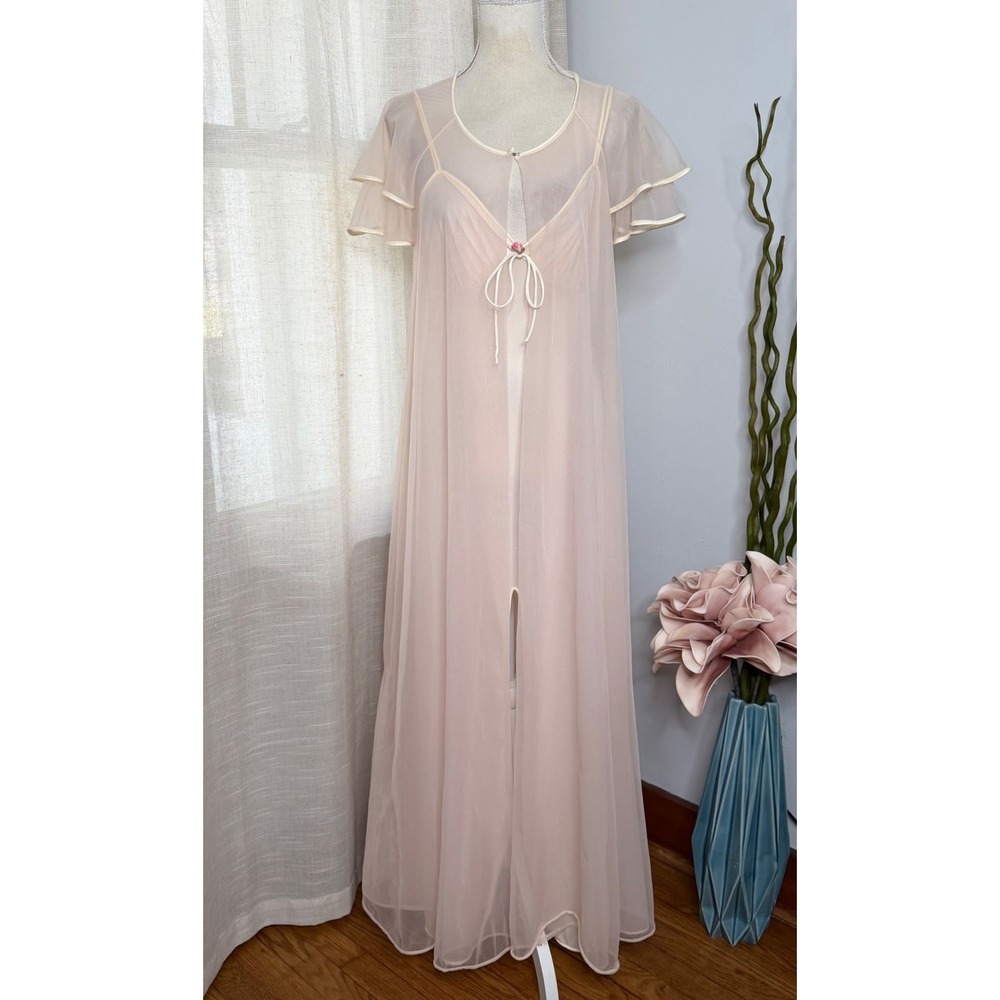 Vintage Val Mode Peignoir Set Sheer Robe Nightgown Pink Nylon Women's Medium